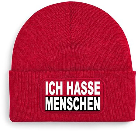 Print Deluxe Mütze, Strickmütze, Wintermütze, Beanie, Wollmütze, Kappe | Unisex Soft Touch warm | One Size, Einheitsgröße dehnbar| Ich Hasse Menschen (DE/NL/SE/PL, Alphanumerisch, Einheitsgröße, Rot)