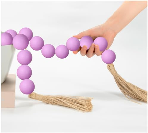 OMISHE Large Wood Bead Garland Purple with 1.6 Diameter Wooden Beads and Tassels, 41 Long Rustic Farmhouse Country Wood Beads Garland for Home Tiered Tray Decor, Decorative Beads,Purple