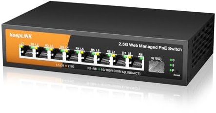 keepLiNK Switch PoE gestito Web a 8 porte 2,5 G Layer 2, 8 porte PoE RJ45 da 2,5 G, 1 slot SFP+ 10 G, IEEE802.3af/at PoE 135W, montaggio a parete, switch di rete in metallo senza ventole