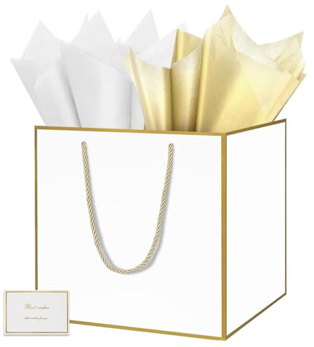 HONTIUS 11.8 Quadratische Geschenktüten, Geschenktüten Groß Geschenktüte xxl mit Taschentuch und Karten, Weiß Goldene Linie Geschenk Tüte Papiertüten mit Henkel 30 * 30 * 30cm Gift Bag Bags 1 Stück