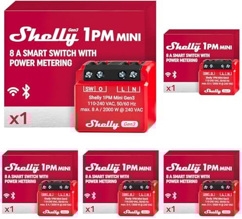 Shelly 1PM Mini Gen3, Relè Intelligente WiFi e Bluetooth, 1 Canale, 8A, Misurazione di Potenza, Domotica, Controllo Remoto, Alexa e Google Home, iOS Android, Nessun Hub Necessario (Confezione da 5)