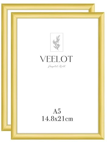 Veelot® 2x Bilderrahmen DIN A5 14,8x21cm | Metall Aluminium,Gold mat,Zertifikatsrahmen 15x21cm mit bruchsicherem Acrylglas | Zur Wandmontage oder Tischmontage