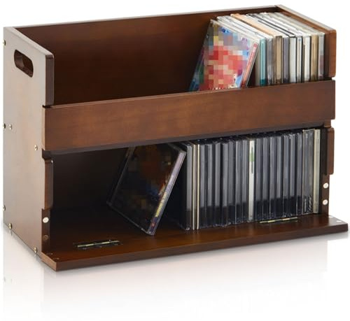 CroBlissful 2-Tier Wooden CD Storage Holder, Classic Brown CD Display Shelf Rack with Carrying Handles, CDs Organizer for DVDs, Movie Cases and Cassette Tapes, Holds up to 72 CDs
