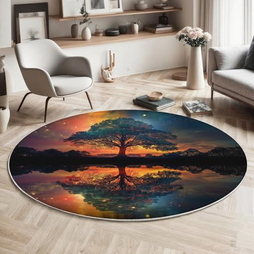 ALTCIRNMD Weich Lake Tree Fantasielandschaft Teppich Rund Bettvorleger Waschbar In Waschmaschine rutschfest Groß Teppiche Für Wohnzimmer Schlafzimmer Kinderzimmer,Sofa,180Cm