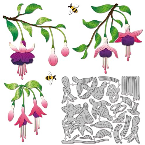 GLOBLELAND Fuchsia Flowers Cutting Dies for Card Making Bee Plants Metal Die Cuts Spring Garden Floral Leaf Die Cut Dies for DIY Embossing Scrapbooking Paper Crafts Decor