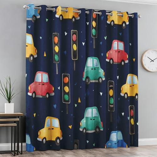 Generisch Ampel Vorhänge Wohnzimmer Schlafzimmer, 95% Blickdicht Vorhang Cartoon-Auto Jungen Gardinen mit Ösen, Thermo Verdunklungsvorhänge 2er Set, H280 x B140 cm X&-141