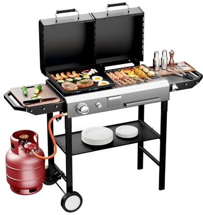Bonnlo 2-in-1 Propane Gas Grill and Charcoal Grill Combo with Lid, 12000BTU Flat Top Griddle & Charcoal BBQ Grill with Electronic Ignition, Enamel Griddle & Grate for Outdoor Backyard Cooking