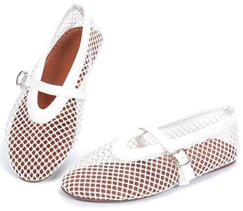 Mesh Ballet Flats for Women, Fishnet Ballerina Shoes Buckle Strap | Wide Width Round Toe Casual Office Daily Summer Dress Flat Shoes