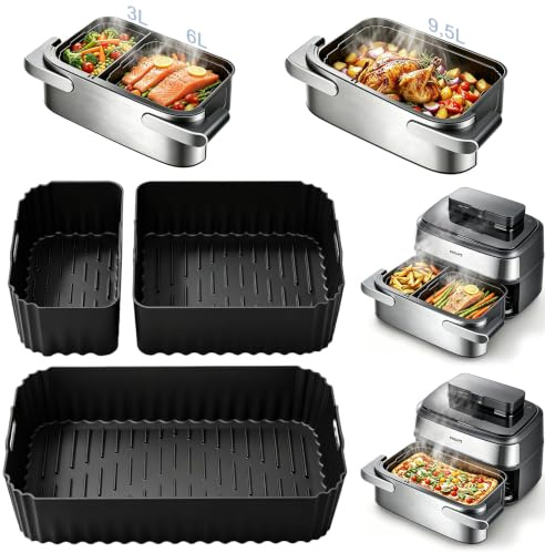 Silikonform Zubehör für Philips Steam Airfryer 5000 Series Megabasket 9.5L | 3Pcs Heißluftfritteuse Wiederverwendbar Auflaufform Einsatz, anstelle Backpapier, Für NA565/00 9.5L, oder 3L+6L Dual Basket