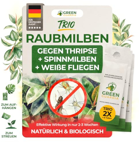 GREEN GUARDIA Raubmilben Trio (2 Trio = 6 Tüten) gegen Thripse, Spinnmilben & Weiße Fliegen | Biologische Nützlinge | Für Zimmerpflanzen, Gewächshaus & Zierpflanzen