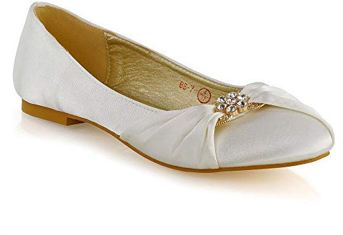 ESSEX GLAM Womens Bridal Shoes Flats Wedding Ladies Satin Diamante Slip On Bridesmaid Flower Girl Ballet Pumps Size 3-9