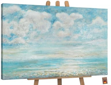YS-Art XXL Abstrakt Acryl Gemälde auf Leinwand Sommerliche Abkühlung handgemalt Wandbilder Himmel Blau Wohnzimmer modern Wohndekor Bilder echte Kunst 120x80 cm
