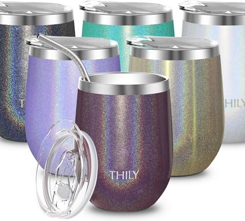 THILY Stainless Steel Wine Tumbler Insulated T2 Stemless Portable Travel Wine Glass with Spill Proof Lid and Reusable Straw, 12 oz, Keep Cold & Hot for Coffee, Cocktails, Drinks, Glitter Red-Brown