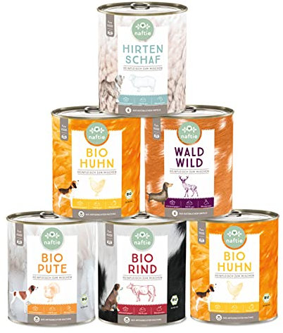 naftie Bio Hundefutter Reinfleischdosen Mischpakete - 100% Reinfleisch pur Spar-Pakete - Nassfutter zum Mischen - glutenfrei, getreidefrei - 6X 800g