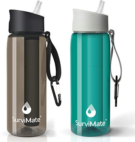 SurviMate Bouteille d'eau purifiée pour le camping, la randonnée, les voyages, sans BPA avec paille filtrante intégrée à 5 étapes