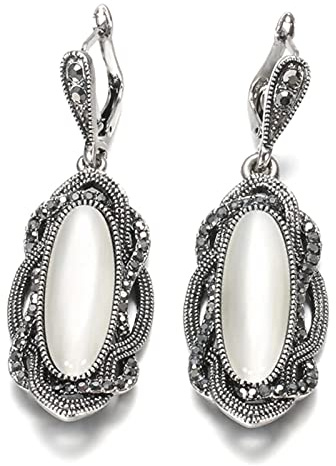 DOOLY Pendiente de Piedra Negra Bohemia de Calidad, Mosaico de Plata tibetana, Pendiente Ovalado Grande de Cristal Gris para Mujer, joyería Vintage