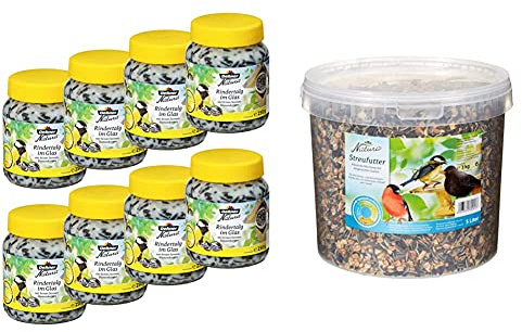 Dehner Natura Wildvogelfutter, Rindertalg im Glas, mit Sonnenblumenkernen, 8 x 250 g (2 kg) & Natura Wildvogelfutter, Streufutter im Eimer, 3 kg