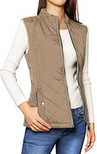 ORANDESIGNE Doudoune sans Manche Gilet Ultra Légère Veste Manteau Parka Blouson Zippée Hiver pour Femme Gilet Duvet Femme Chaud Doudoune sans Manche Col Montant A Kaki XL