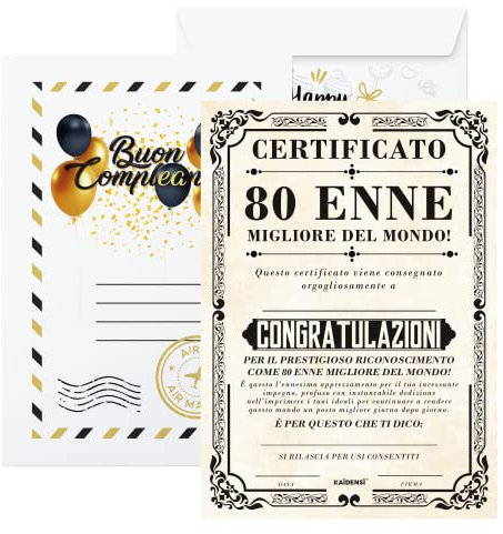 KAÏDENSÏ Idea Regalo Uomo 80 Anni - Certificato 80 Enne Migliore del Mondo - Biglietto Auguri Originale - Idee Regali Compleanno Originali per Lui e Lei - Gadget Scherzi Biglietti Divertenti
