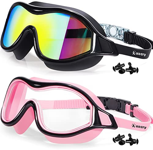 Keary Schwimmbrille für Erwachsene, Herren, Damen, Jugendliche, UV-Schutz, wasserdicht, großer Rahmen, transparent, Schwimmbrille, Schwimmmaske, Unterwasserbrille, 2 Stück