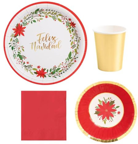 MAXI PRODUCTS - Kit 12 Personas - Decoración Navidad Flor de Pascua - Pack 61 uds - Temática Navideña - Vajillas Completas Navidad - Diseño Único