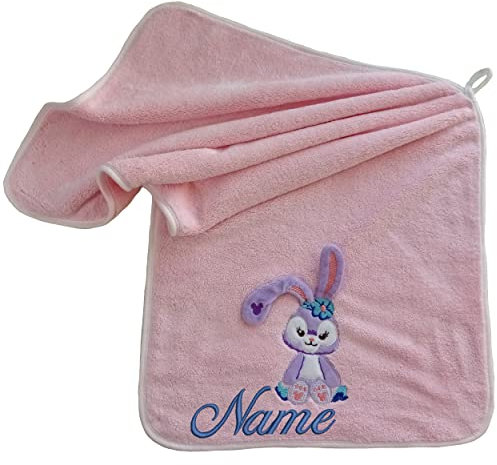 Handtuch Hase mit Namen oder Wunschtext Bestickt, Kinder Handtuch mit Stickerei Mikrofaser Korallenvlies Gesichtstücher mit Aufhängerschlaufe, 35x75cm, Waschlappen für Kinder Küchen Badezimmer (Rosa)