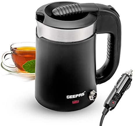 Geepas 1100W Travel Electric Kettle - 2 in 1 Double Layer Car & Home Multiuse Kettle -Compact Travel Jug, Boil-Dry & Overheat Protection | Car Travel Kettle for Hot Water, Tea Coffee - 0.5L, Black