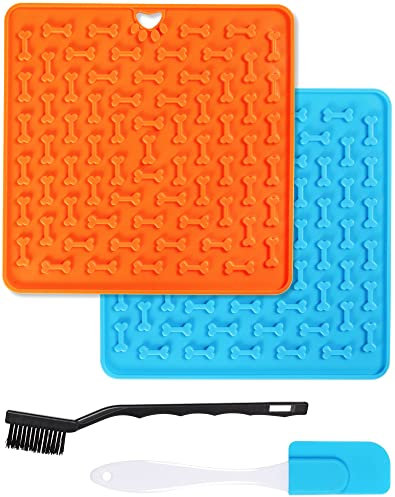Leckmatte Hund, 4Pcs Schleckmatte Hund & Katze mit Saugnäpfe(Blau und Orange Schleckmatte & Silikonspatel & Pinsel) BPA-frei Anti Rutsch Leckmatte für Hundeleckerli,Katzenfutter,Trainieren,Fellpflege