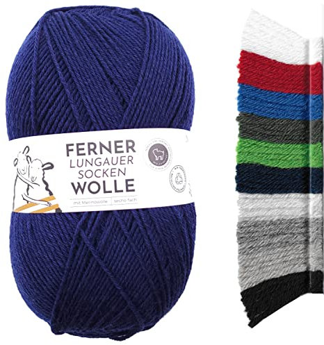 [99,33€/kg] Ferner Wolle Lungauer Sockenwolle 6fach uni | mit Merinowolle mulesingfrei | Sockengarn 6-fädig einfarbig | dicke Strumpfwolle zum Stricken oder Häkeln | 150g 425m (LU6-35 marine blau)
