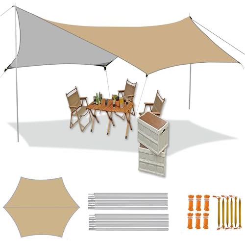 10x13ft Camping Tarp with Poles Waterproof Tent Tarpaulin Lightweight Hammock Rain Fly Anti-UV Awning Canopy Waterproof Outdoor Shelter