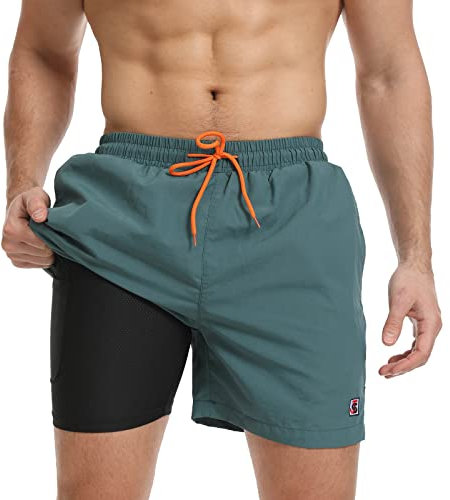 JustSun Maillot de Bain Homme Short de Bain Homme 2 en 1 Séchage Rapide Surf Shorts Court Homme de Plage Piscine Sport Natation avec Compression Liner Vert Gazon L