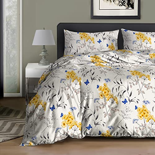 RAYBedding 3PCS King Size Duvet Cover Set 100% Egyptian Cotton Bedding King Size Bed Set 400 Thread Count Floral Printed Butterflies Duvet Cover King with Pillow Cases 2 Pack