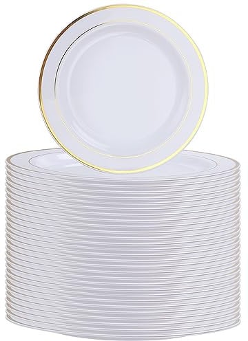 SENENQU Lot de 40 assiettes en plastique réutilisables de 26 cm avec bord doré - Assiettes à dîner en plastique incassable pour mariage, fête d'anniversaire, restauration