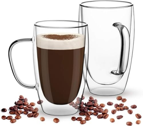 camako Double Walled Glass Coffee Cups with Handle, Set of 2 Hollow Vacuum Sealed, Hand Made, Heat Resistant, Dishwasher Safe, 450ml Latte Cup