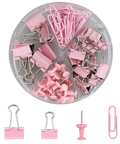 Set di 72 puntine per raccoglitore, rosa 4 in 1, set di cancelleria con 20 puntine, 30 graffette, 15 piccole clip per Blinder, 7 grandi clip per Blinder, set di forniture per ufficio