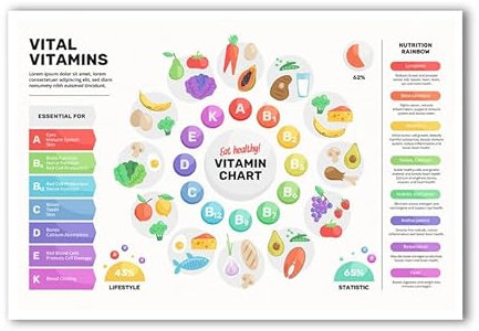 Vital Vitamine Chart mit Beispielen Poster – Wissenschaft Biologie Anatomie Pädagogisches Poster – 30,5 x 45,7 cm Premium Glanzposter – für Klassenzimmer, Schlafsäle und Heimdekoration – hergestellt