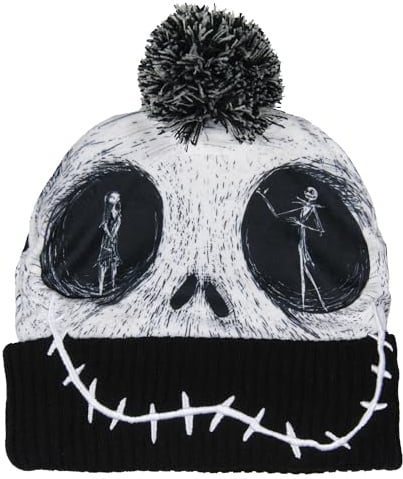 Disney Nightmare Before Christmas Beanie Jack Skellington Sublimated Face Pom Knit Beanie Hat Cap Black, Schwarz, Einheitsgröße