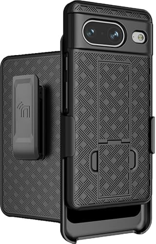 Case with Clip for Google Pixel 8, Nakedcellphone [Grid Texture] Slim Hard Shell Cover with Stand and [Rotating/Ratchet] Belt Hip Holster Holder Combo - Matte Black