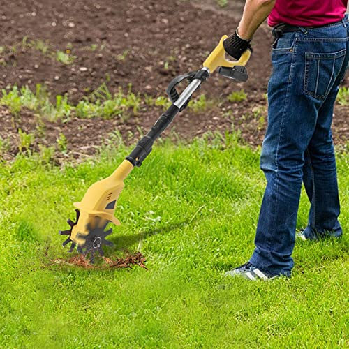 Azada de suelo con batería de 20 V, pequeña fresadora de suelo, cultivador eléctrico con batería, azada de jardín con 10 cm de ancho de trabajo y profundidad de cultivo de 17 cm