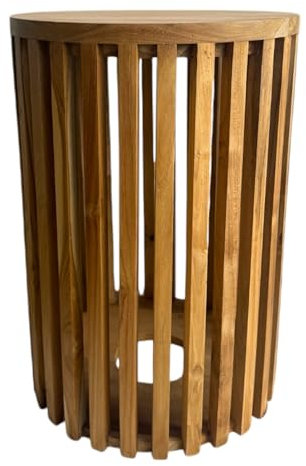 FaHome Handgefertigter Teakholz-Beistelltisch - Massivholz Natur-Unikat in Modernem Design – Holzleisten an den Seiten - Rundes Design