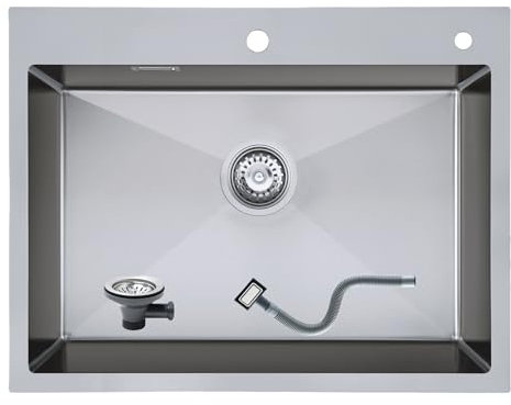 KEOKBON Fregadero de cocina rectangular de acero inoxidable, 65 x 50 x 19 cm, nano-plata, fregadero de cocina, grande, armario a partir de los 70, de acero inoxidable, hecho a mano, 1 lavabo
