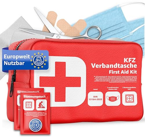 Trousse de premiers secours voiture standard 2025 avec chiffons respiratoires - Trousse de premiers secours voiture - DIN13164:2022 - Trousse de premiers secours - Trousse de premiers secours conforme