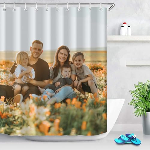 Passen Sie Ihren eigenen Duschvorhang mit Haken an, DIY Fototext Design Duschhintergrund, personalisiertes Badezimmergeschenk 80x72 Zoll