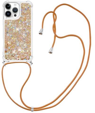 IMIRST Lanyard Handyhülle Kompatibel mit iPhone ZW Bling Liquid Glitter Silikon Shell Stoßfeste Kawaii Abdeckung mit Schnur Halskette Hülle für Apple iPhone ZW. LP Love Gold