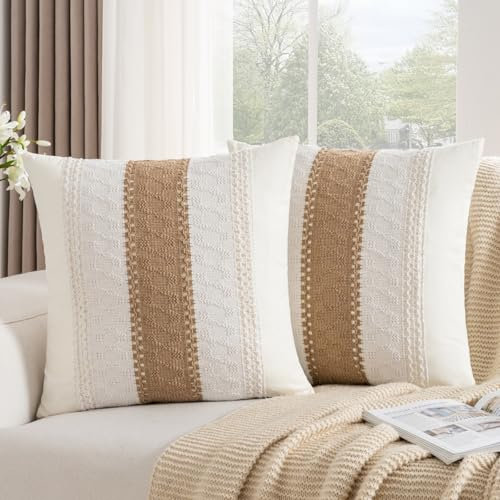 DakTou Boho Kissenbezug 50x50 2er Set Baumwolle Sofakissen Kissenhülle Dekorative Kissenbezüge Braun Gewebt Strukturiert Couchkissen Dekokissen Zierkissenbezug mit Verstecktem Reißverschluss