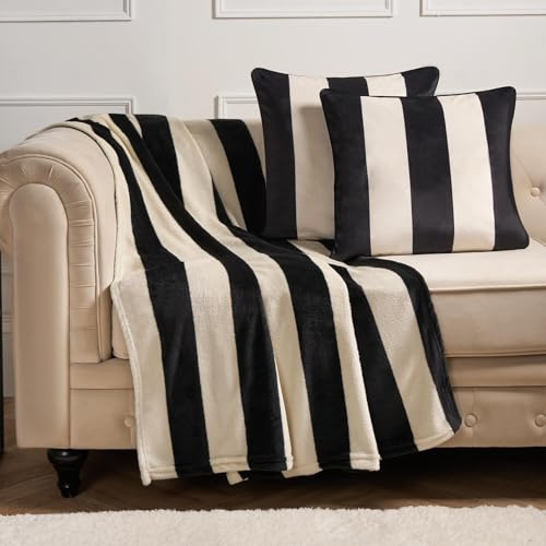 OHS Ultra Soft Stripe Print Throw Blanket, Lightweight Cosy 125 x 150 cm Polyester Fleece for Sofa, Bed & Lounge Decorative Home Throw - Black & White