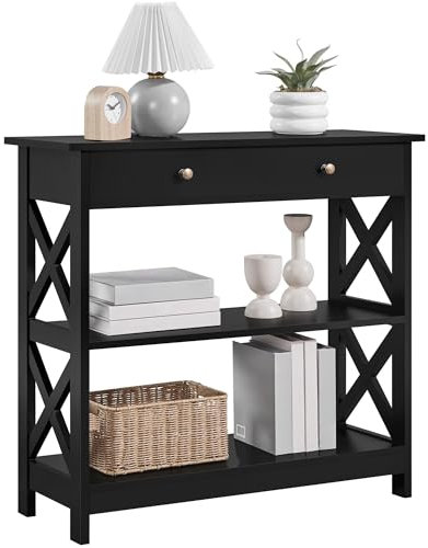 Yaheetech Table Console en Bois MDF Meuble d'Entrée avec 2 Etagère de Rangement Design en Forme X pour Salon Couloir Table d'appoint Noir 80 × 30 × 80 cm