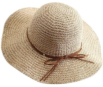 RVROVIC Women's Floppy Straw Sun Hat Foldable Summer Beach Hat Packable Roll Up Wide Brim Crochet Bucket Hat,Beige