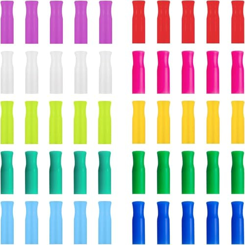 HoAhaMay 50 Pieces Silicone Straw Caps, Reusable Straw Tips, Multicolor Straw Protection Caps, 6mm Inner Diameter for Metal Straws, Suitable for Smoothies and Hot Drinks (10 Colours)