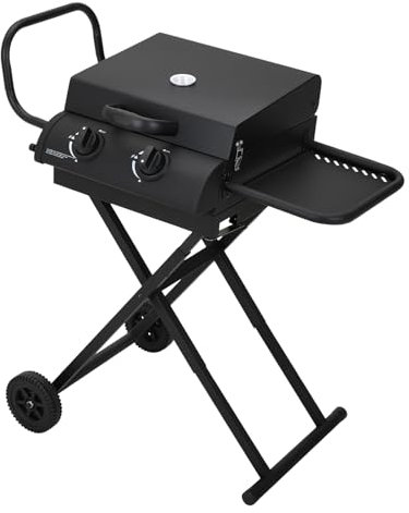 Warmiehomy Portable Foldable Gas BBQ, 2 Burner Gas BBQ Grill with Trolley, Folding Legs & Wheels, Side Table & Oil Drip Tray, Lid Thermometer Barbecue Stove for Camping Garden